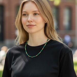 40 Beaded Green and Gold stainless steel Necklace